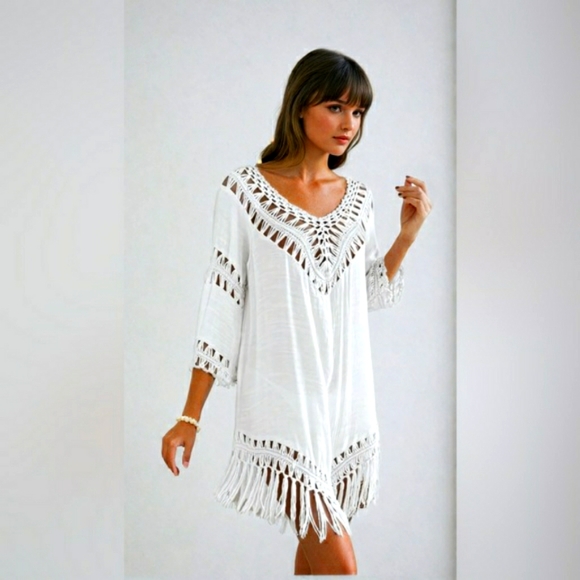 None Tops - NWOT Boho Crochet Fringe Hem Cover Up Dress White large